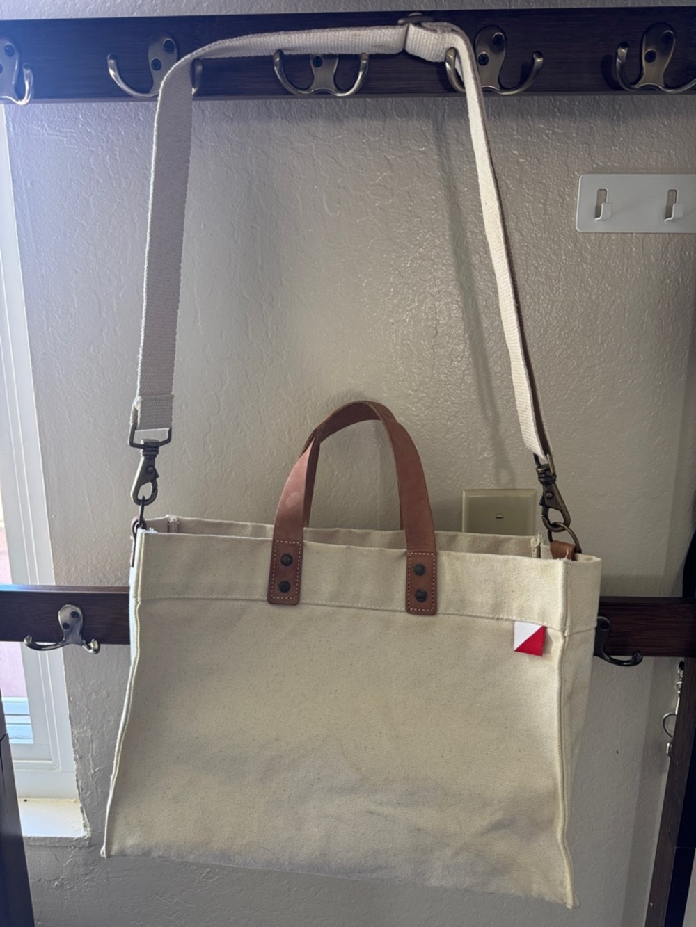 Cream Canvas Messenger Bag with Brown Leather Handles